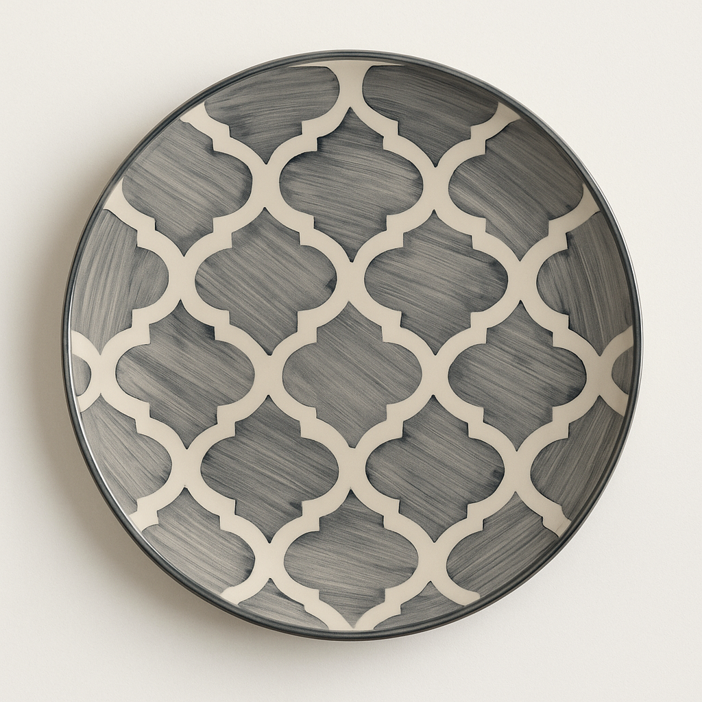 Handmade Ceramic Quarter Plate with Alhambra Pattern – Grey & Ivory