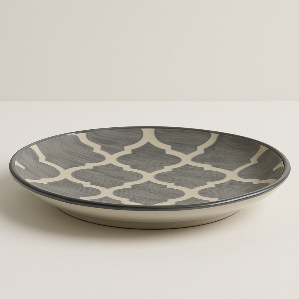 Handmade Ceramic Quarter Plate with Alhambra Pattern – Grey & Ivory