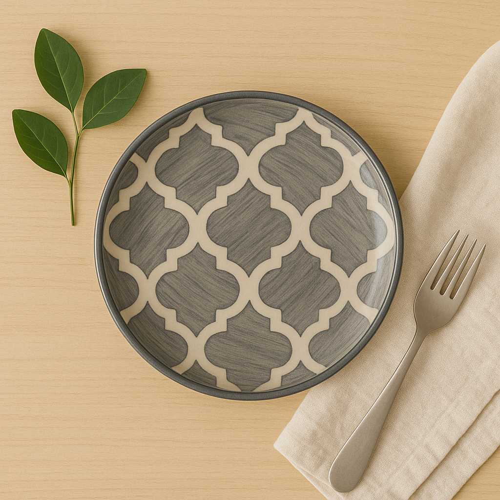 Handmade Ceramic Quarter Plate with Alhambra Pattern – Grey & Ivory