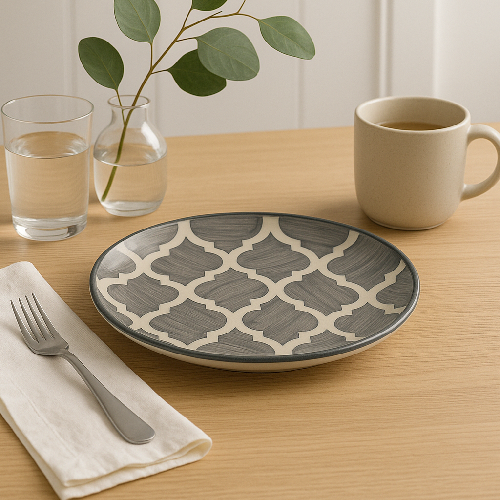 Handmade Ceramic Quarter Plate with Alhambra Pattern – Grey & Ivory
