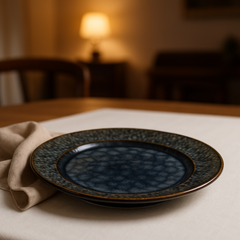 Handmade Ceramic Quarter Plate with Dark Blue Glaze – Textured Design