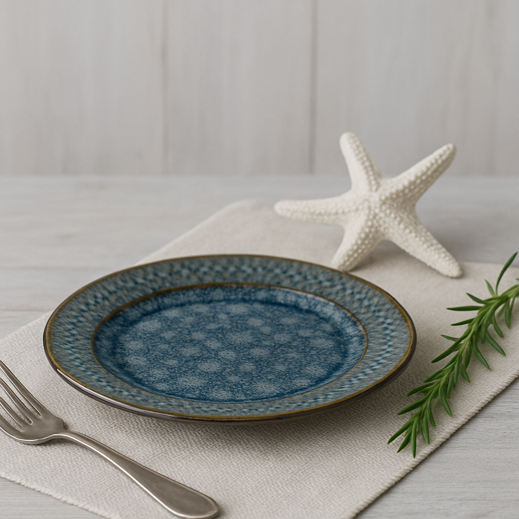 Handmade Ceramic Quarter Plate with Dark Blue Glaze – Textured Design