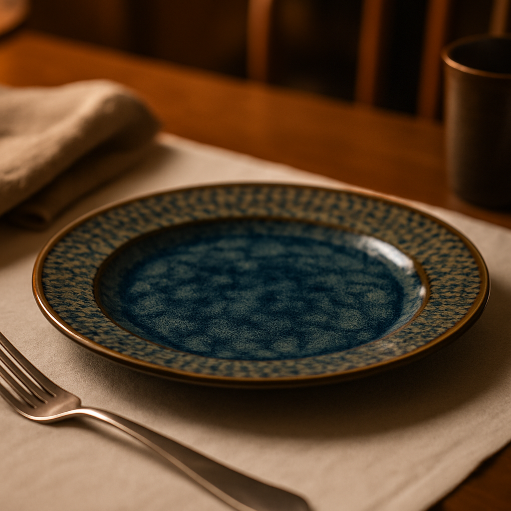 Handmade Ceramic Quarter Plate with Dark Blue Glaze – Textured Design
