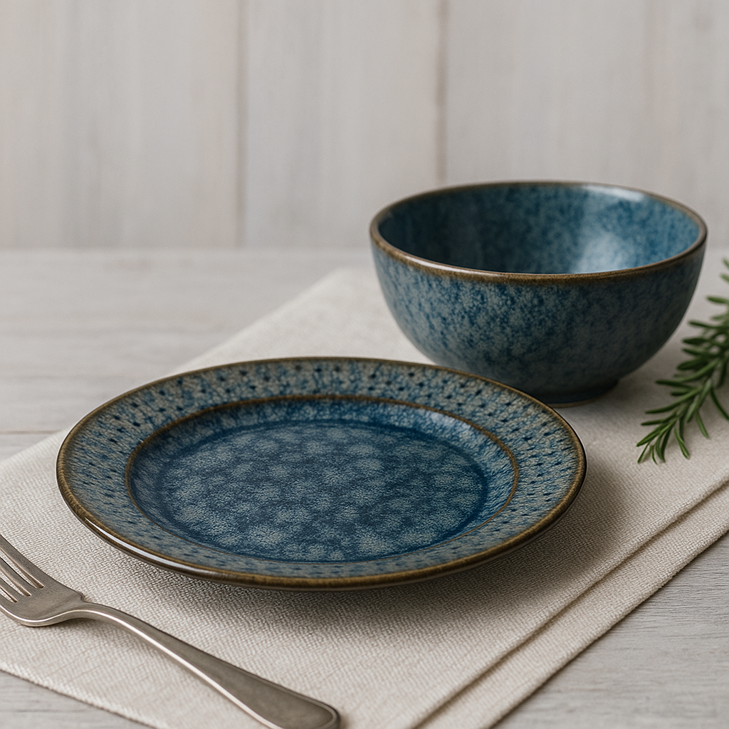 Handmade Ceramic Quarter Plate with Dark Blue Glaze – Textured Design