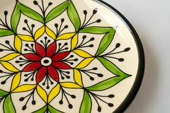 Handmade Ceramic Quarter Plate with Hand-Painted Mandala Design – Red, Yellow & Green