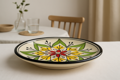 Handmade Ceramic Quarter Plate with Hand-Painted Mandala Design – Red, Yellow & Green