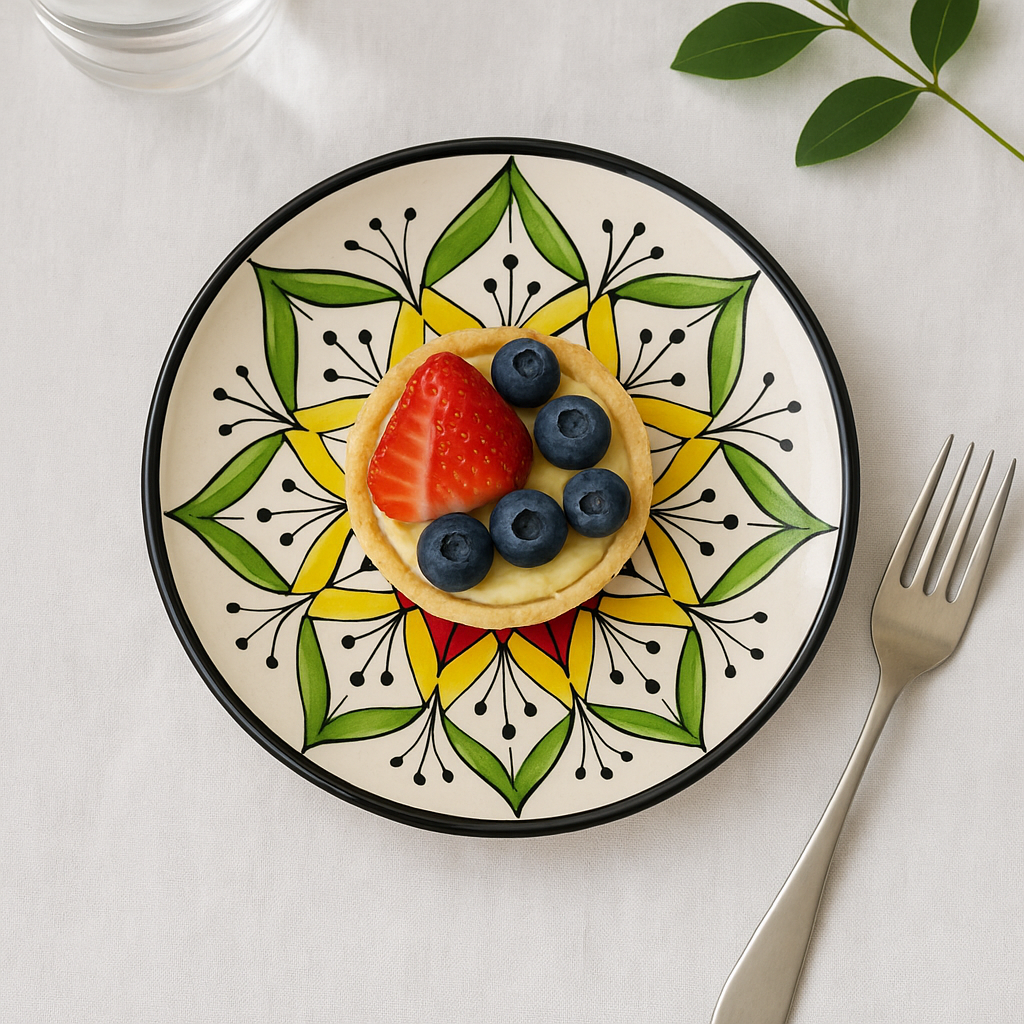 Handmade Ceramic Quarter Plate with Hand-Painted Mandala Design – Red, Yellow & Green