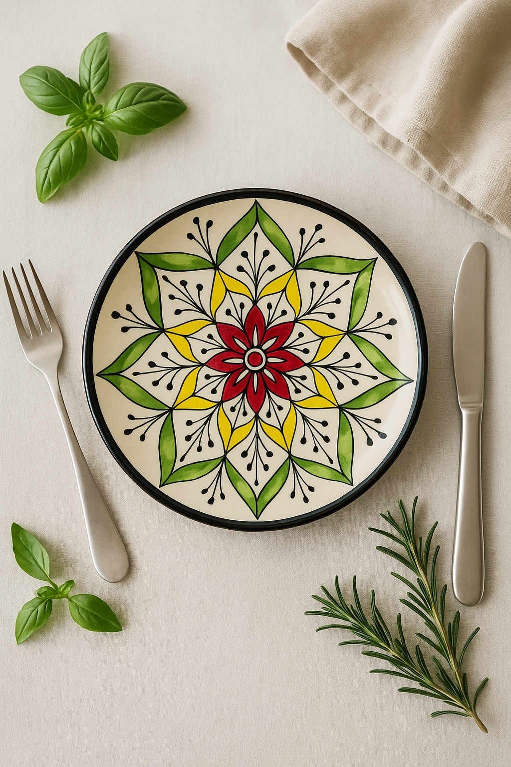 Handmade Ceramic Quarter Plate with Hand-Painted Mandala Design – Red, Yellow & Green