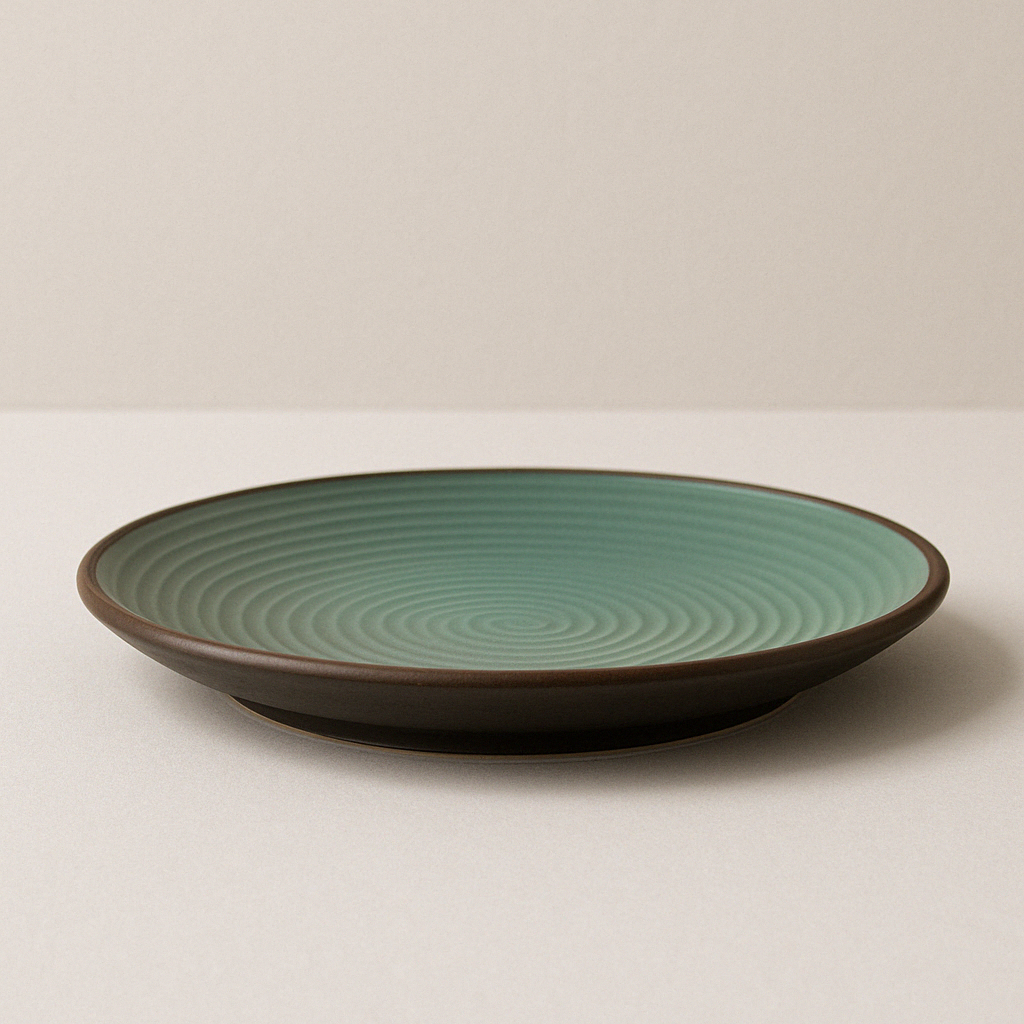 Handmade Ceramic Quarter Plate with Ribbed Design – Sage Green