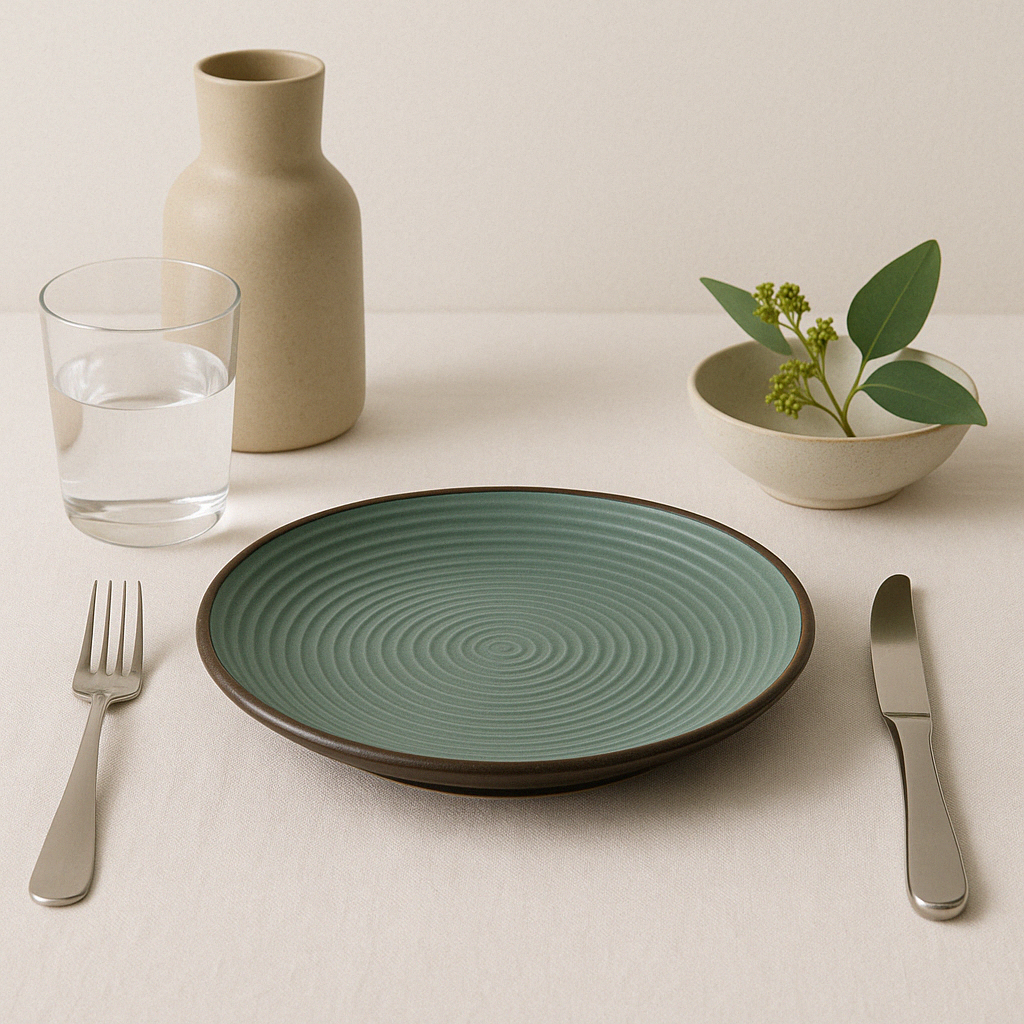 Handmade Ceramic Quarter Plate with Ribbed Design – Sage Green