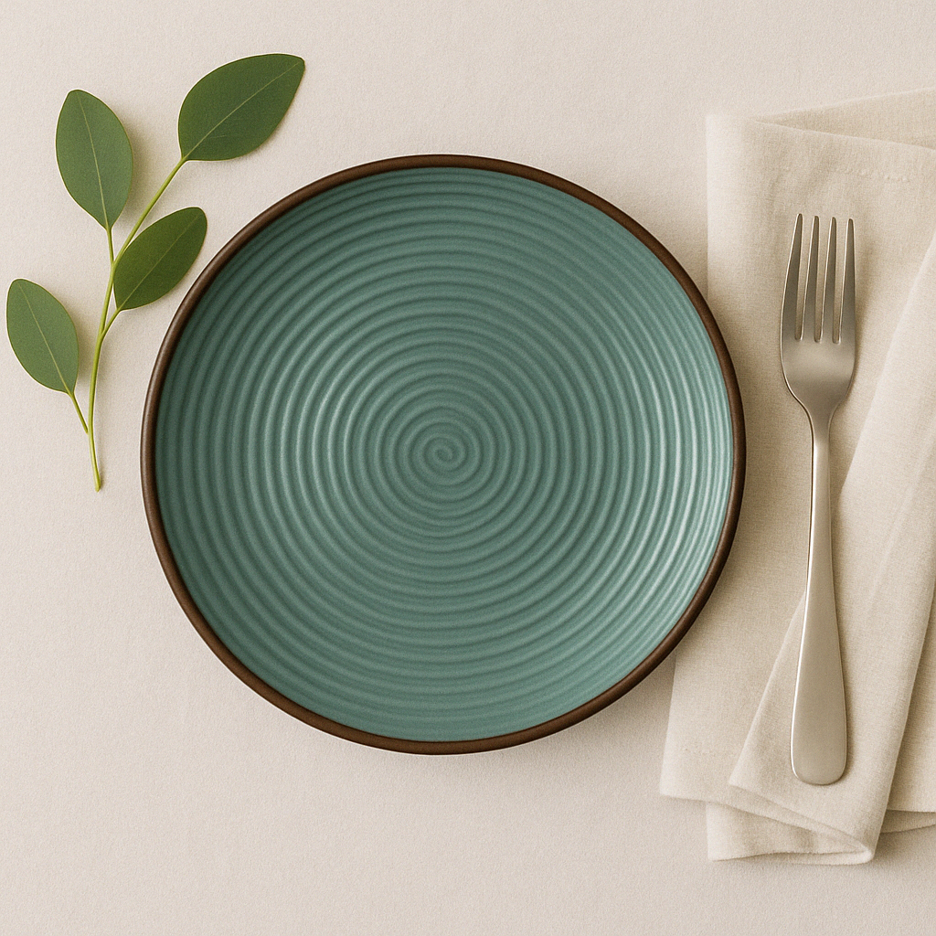 Handmade Ceramic Quarter Plate with Ribbed Design – Sage Green