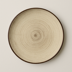 Handmade Ceramic Quarter Plate with Spiral Design – Beige with Brown Rim