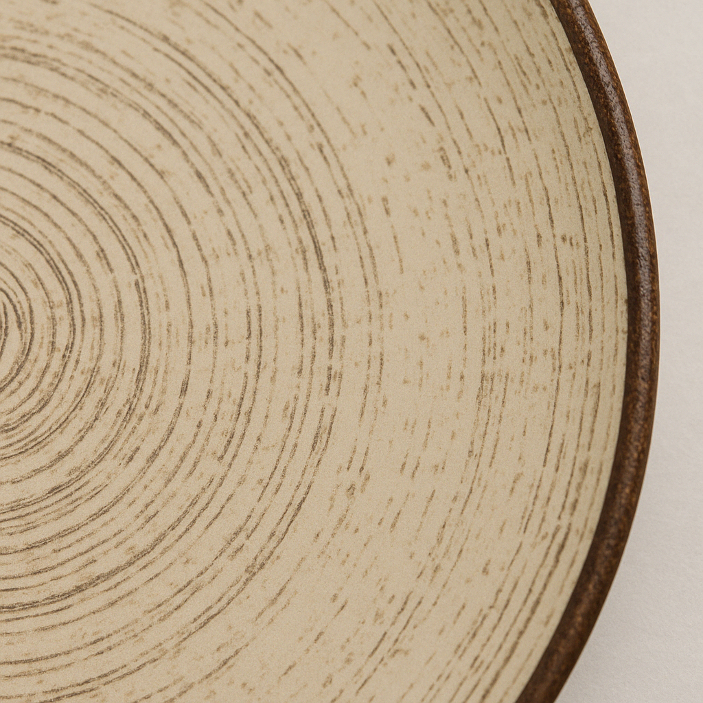 Handmade Ceramic Quarter Plate with Spiral Design – Beige with Brown Rim