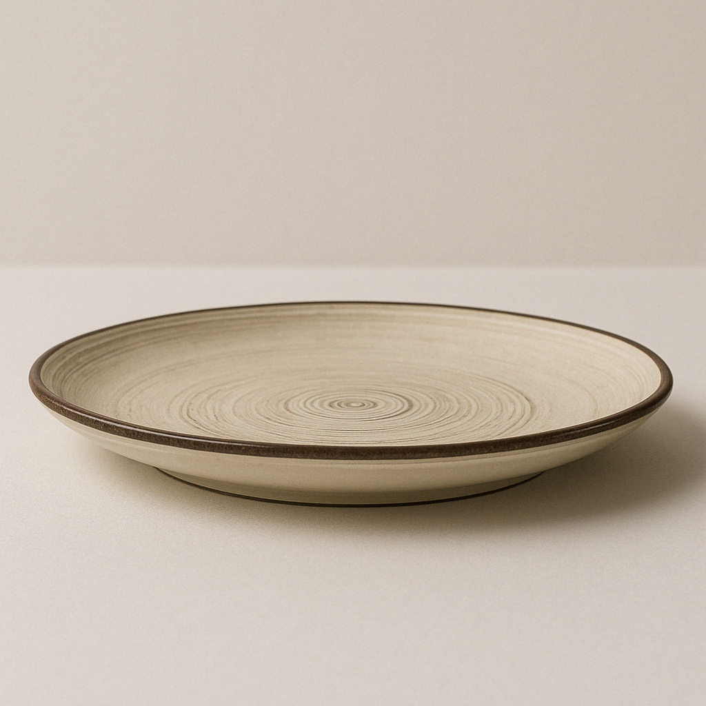 Handmade Ceramic Quarter Plate with Spiral Design – Beige with Brown Rim
