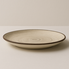 Handmade Ceramic Quarter Plate with Spiral Design – Beige with Brown Rim