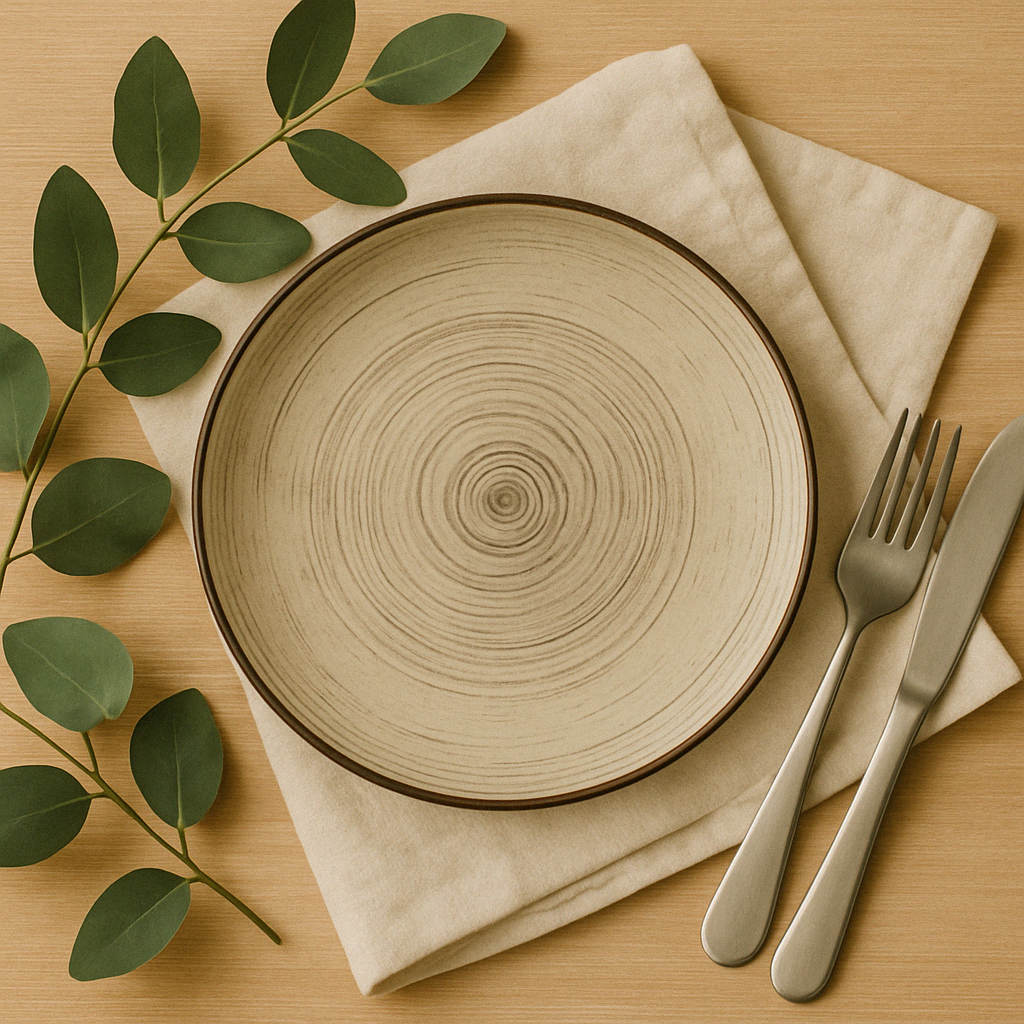 Handmade Ceramic Quarter Plate with Spiral Design – Beige with Brown Rim