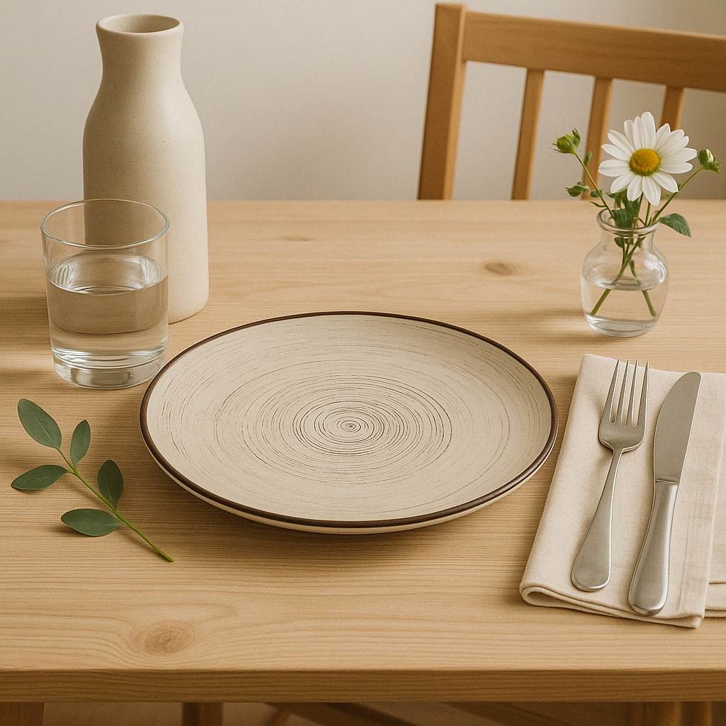 Handmade Ceramic Quarter Plate with Spiral Design – Beige with Brown Rim